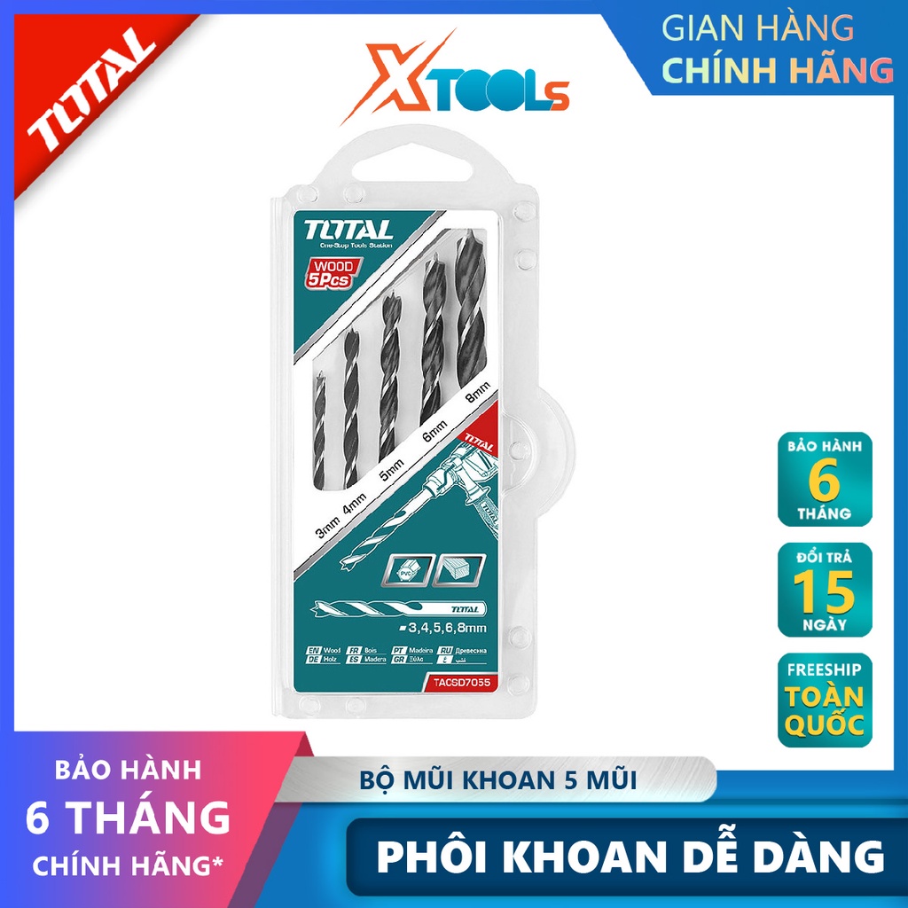 Bộ mũi khoan gỗ 5 chi tiết TOTAL TACSD7055 combo 5 mũi khoan gỗ Size 3X61，4X75，5X86,6X93，8X117,khoan, đục lỗ trên chất l
