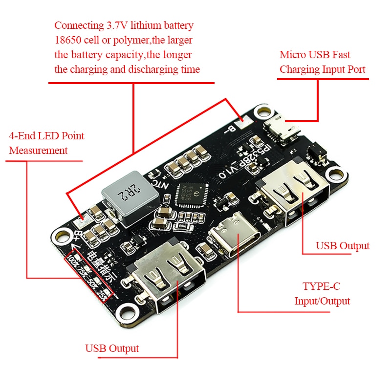 Bảng mạch sạc nhanh Ip5328P hai cổng Usb 18650 Type-C 3.7v sang 5v 9v 12v