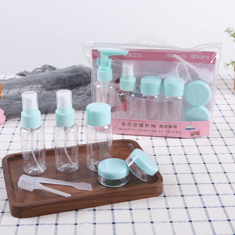Bộ 7 món chiết mỹ phẩm xanh/hồng thuận tiện mang theo du lịch tặng kèm túi zip nhựa