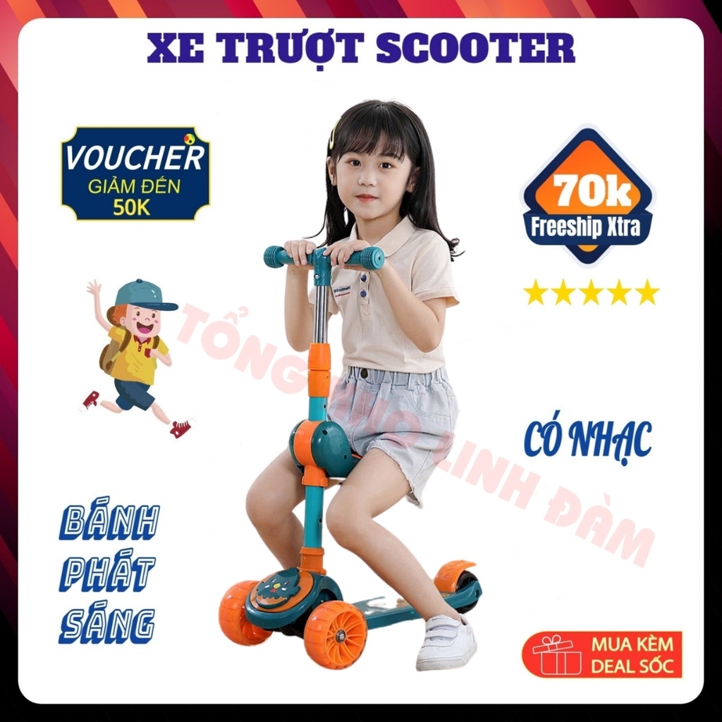 Xe scooter cho bé FL818 có nhạc đèn phát sáng Xe trượt chòi chân có ghế ngồi phù hợp cho trẻ từ 2 đến 8 tuổi - DC038