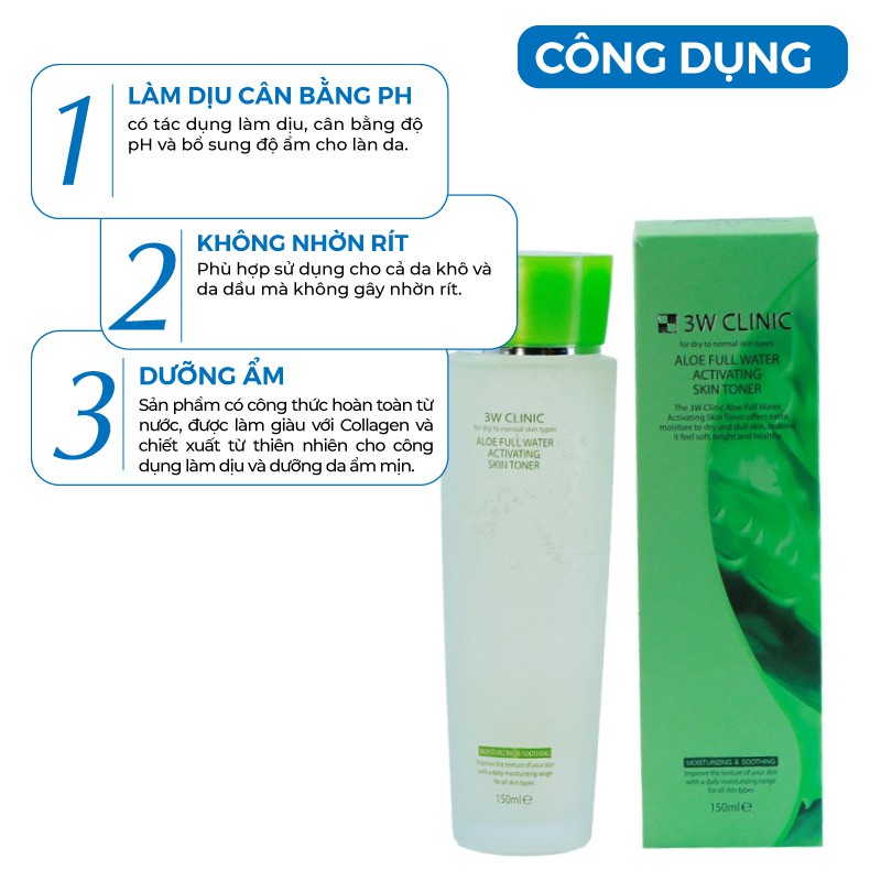 Nước Hoa Hồng Lô Hội Trắng Da, Dưỡng Âm, Se Khít Lỗ Chân Lông 3W Clinic Hàn Quốc 150ml/Chai