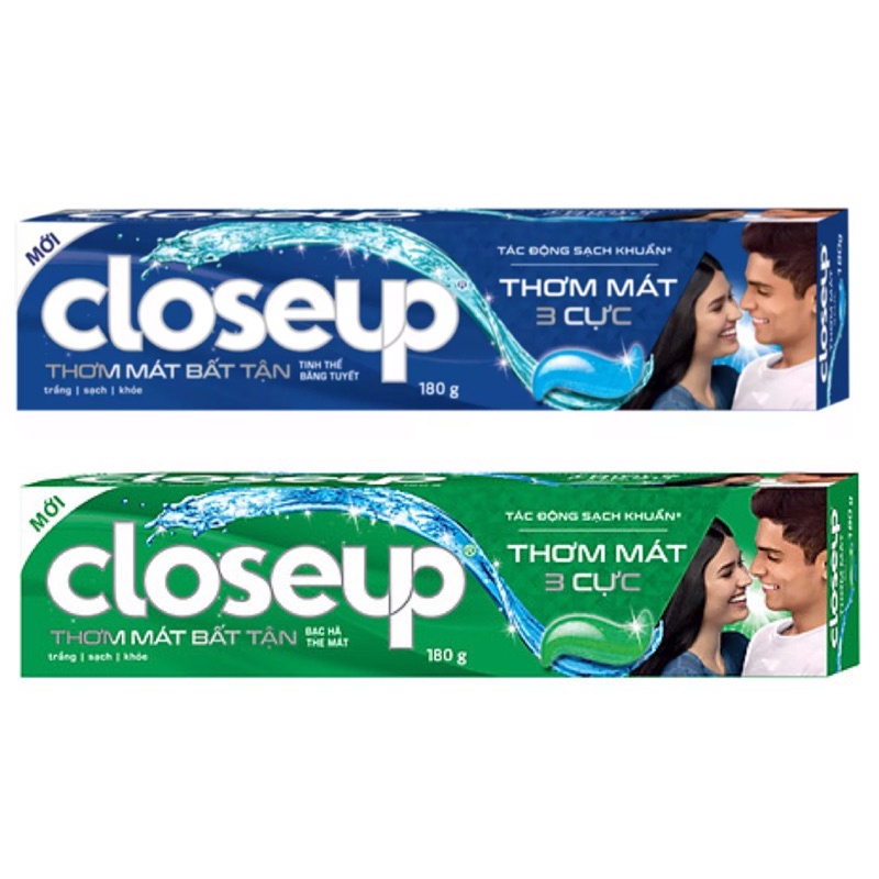 Kem đánh răng CLOSEUP 180g trắng sáng răng, thơm miệng 3 loại tinh thể băng tuyết/bạc hà/lửa + băng/muối biển