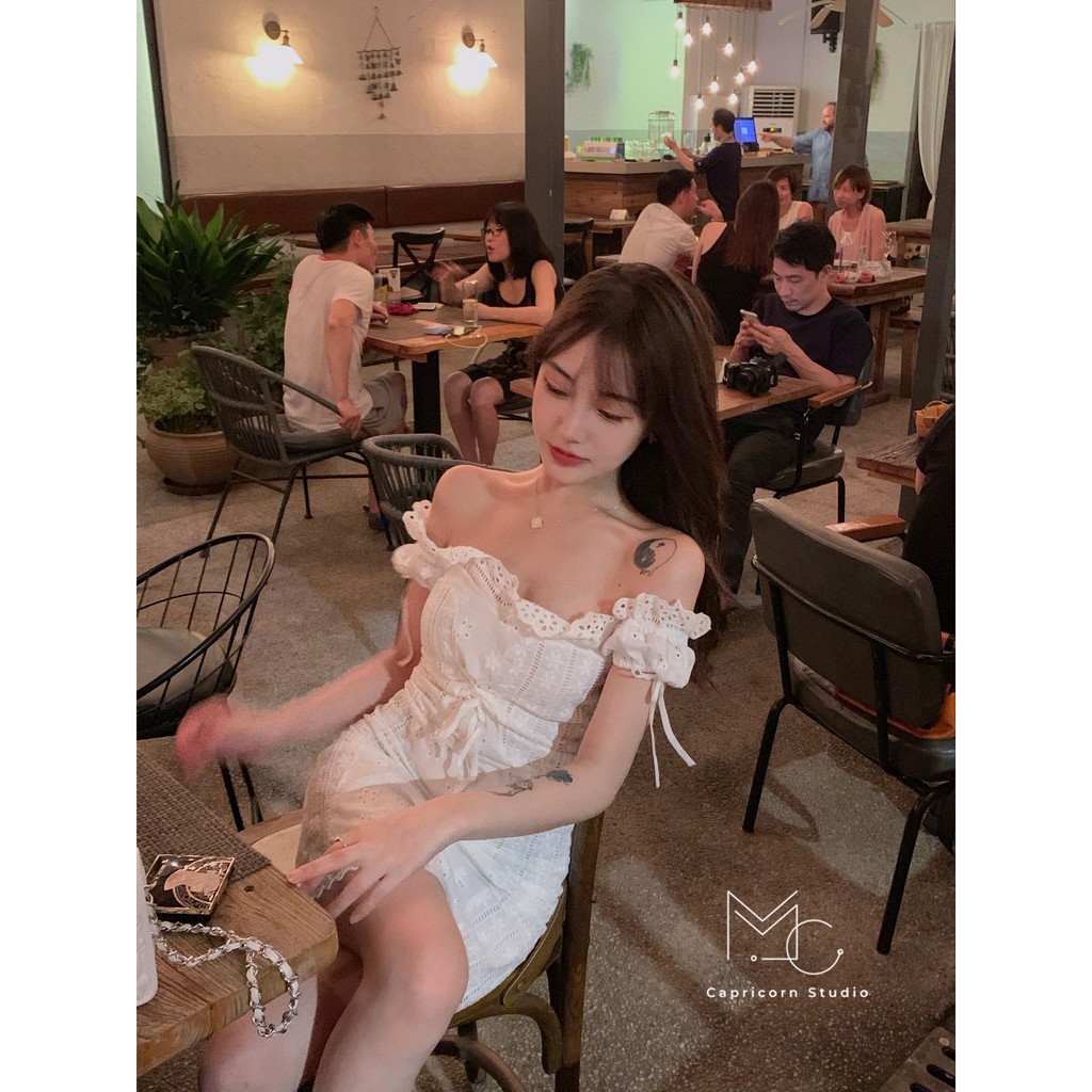 Váy/ Đầm ren trễ vai màu trắng gợi cảm phong cách Ulzzang