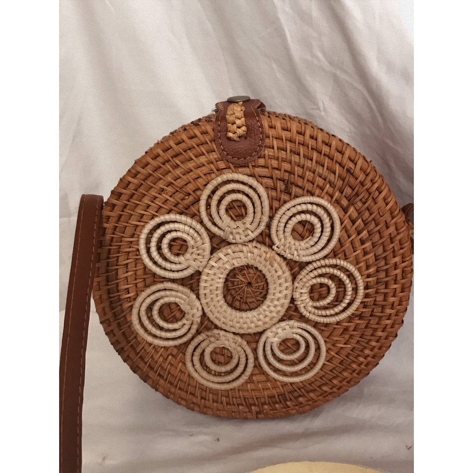 Túi Mây Hộp Tròn Đeo Chéo Họa Tiết Xinh Vắn Vintage Boho- Kích Thước : D20cm Và D16cm