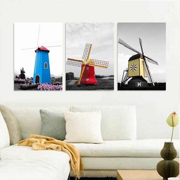 Bộ 3 tranh trang trí "cối xay gió" - W263 75x50cm bao gồm khung tranh