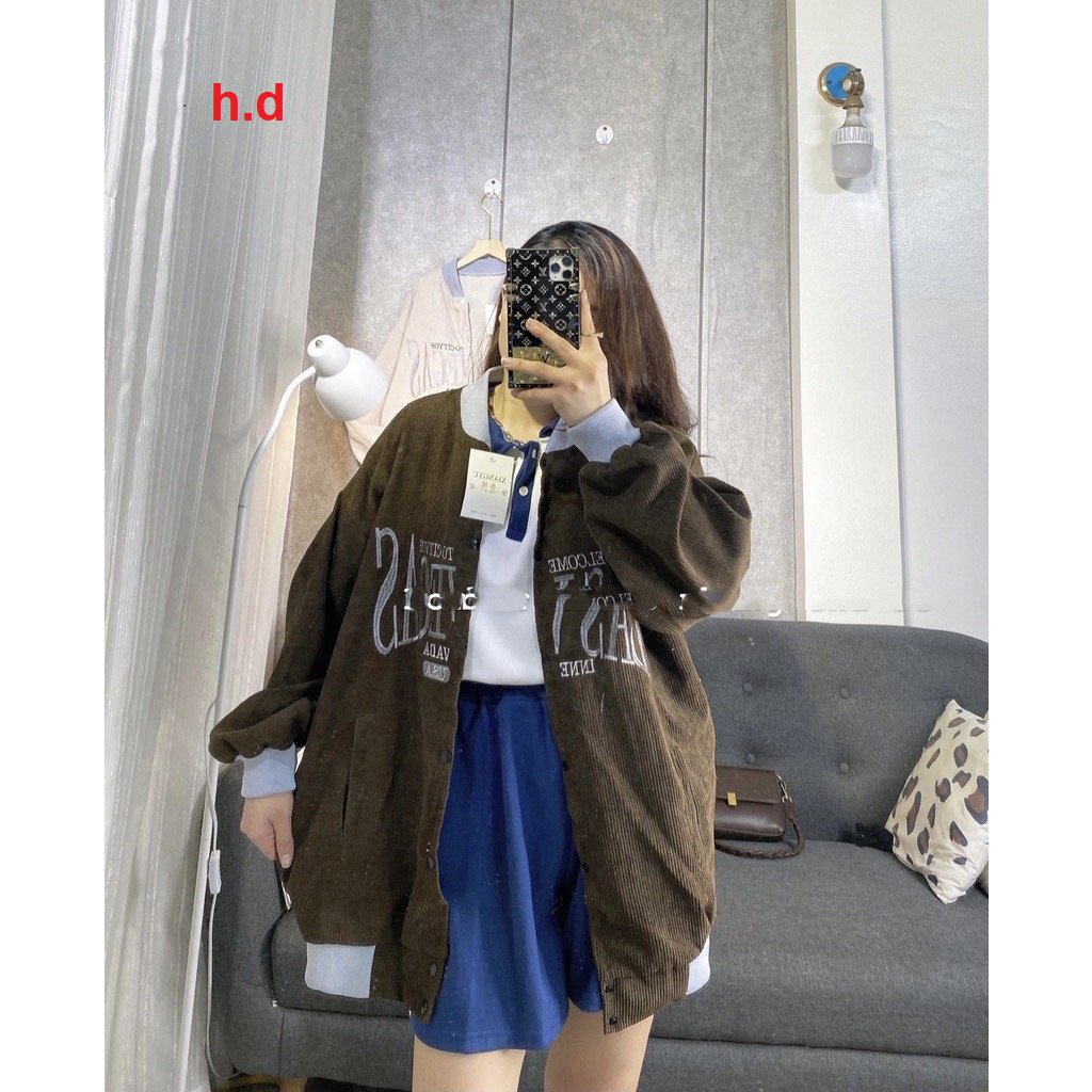 Áo Khoác Nhung Tăm bomber Cao Cấp Unisex Chữ LAS Ulzzang Hàn QUốc
