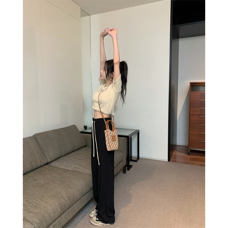 Quần ống rộng Lưng Cao Phối Dây Rút 3 Màu Thời Trang Cho Nữ