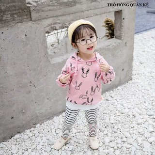 Bộ quần áo dài cotton da cá bé gái thỏ quần kẻ