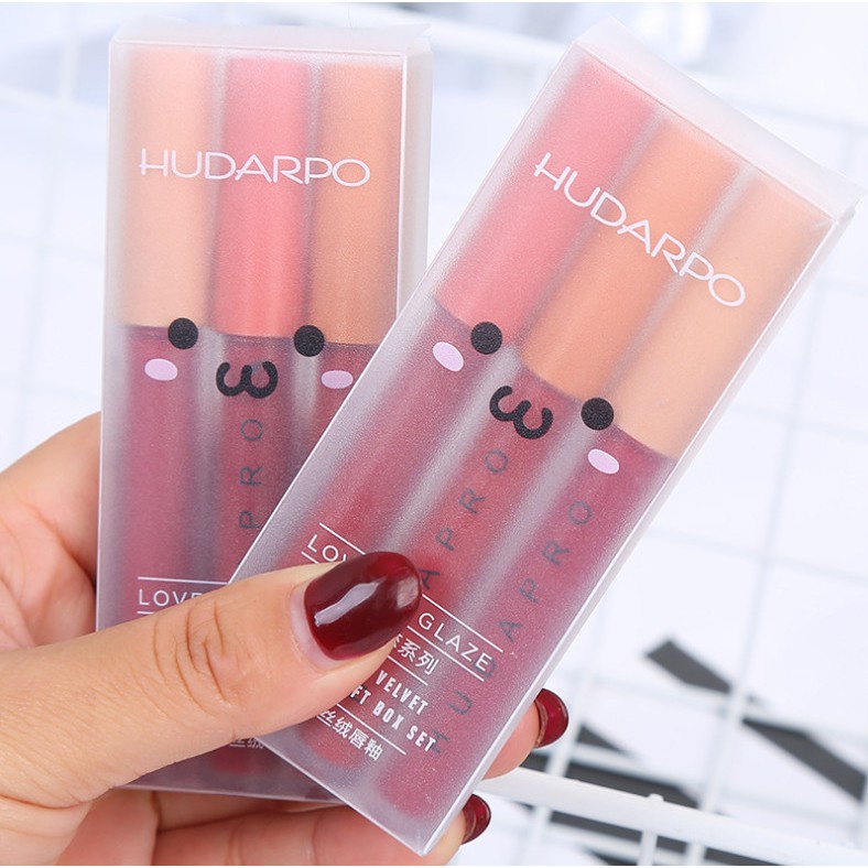 Set Son Kem 3 Cây HUDAPRO LOVE LIPS GLAZE Tone Đỏ Tây Auth Nội Địa