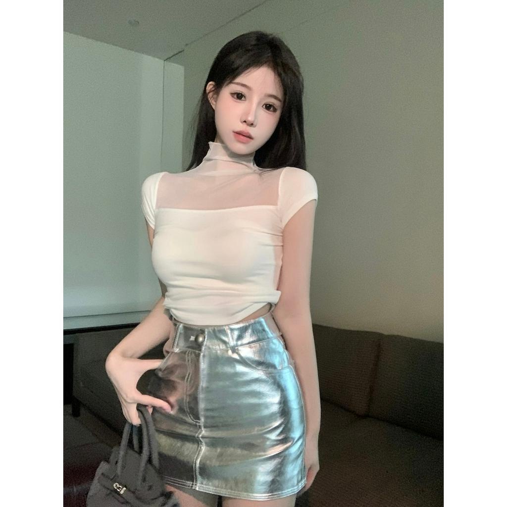 qkoole Áo Thun Tay Ngắn Cổ Cao Màu Sắc Đơn Giản Dễ Phối Đồ Thời Trang Cho Nữ