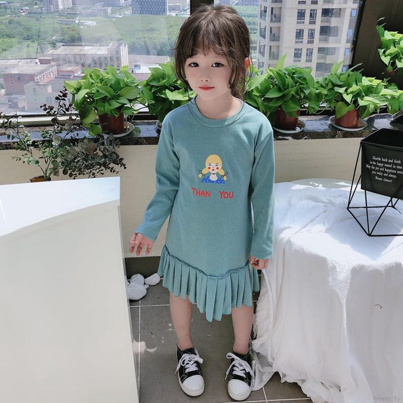 Korean Girls Cotton Dress Kids Spring Autumn Cute Cartoon Print Princess Long-Sleeved Sweet Dress