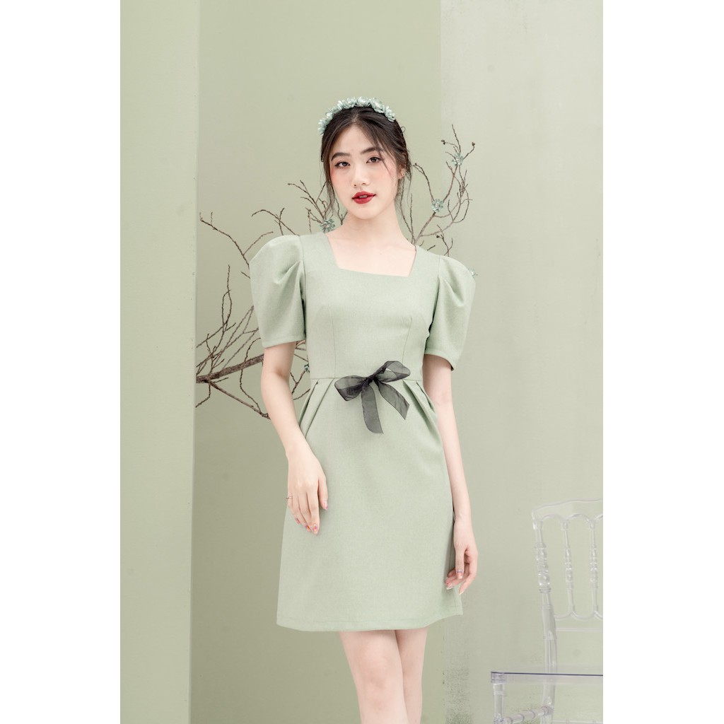 [Mã FAMALLT5 giảm 15% đơn 150k] RẬP - Đầm Xanh Cổ Vuông Tay Xếp Ly Đính Ruy Băng Ở Eo - MINT 04