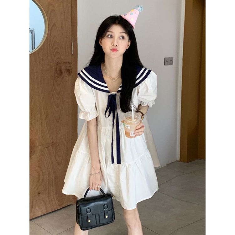 Đầm Chữ A Tay Ngắn Cổ Thủy Thủ Phong Cách Preppy Mẫu Mới 2022