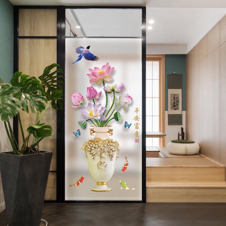 Decal dán tường phòng khách Bình hoa sen 3d dán tường,dán kính siêu đẹp