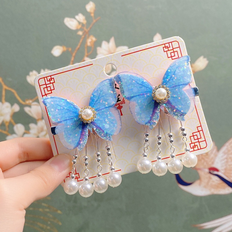 1 Cặp Kẹp Tóc Đính Hoa Và Bướm Màu Hồng Dễ Thương Cho Bé Gái