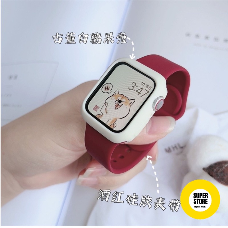 Dây silicon + Ốp kèm KÍNH CƯỜNG LỰC phối màu đẹp dành cho đồng hồ thông minh  Apple Watch iWatch Series 7 6 SE 5 4 3 2 1