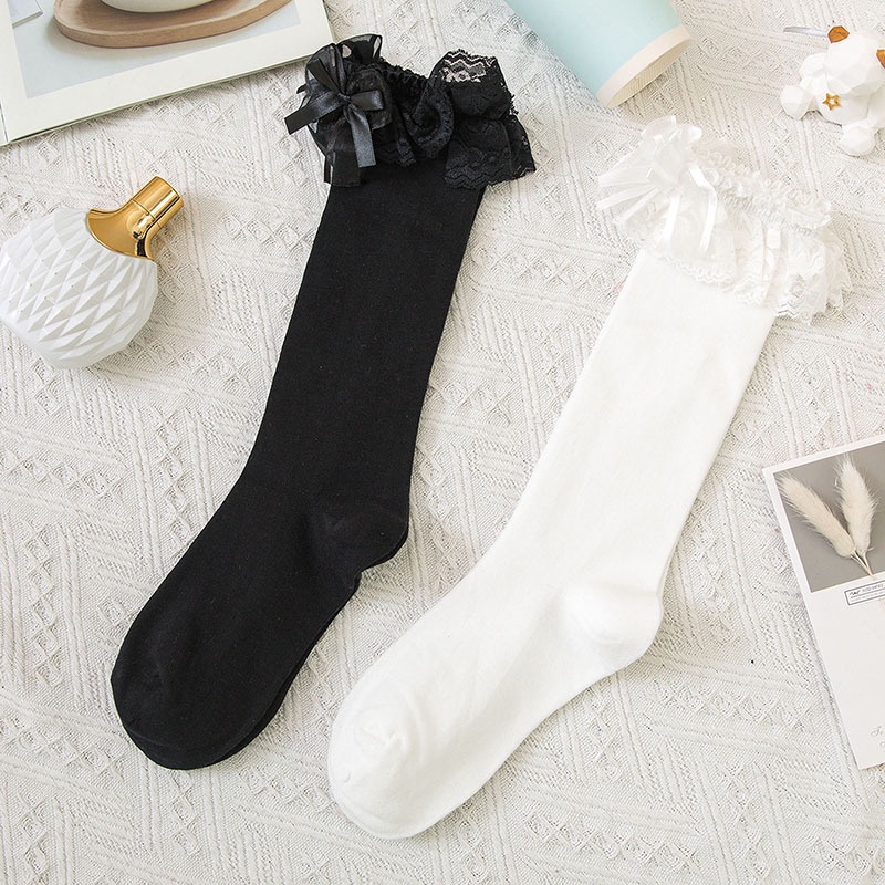 Vớ dài ngang bắp chân phối ren màu trắng đen ngọt ngào phong cách lolita Nhật Bản cho nữ