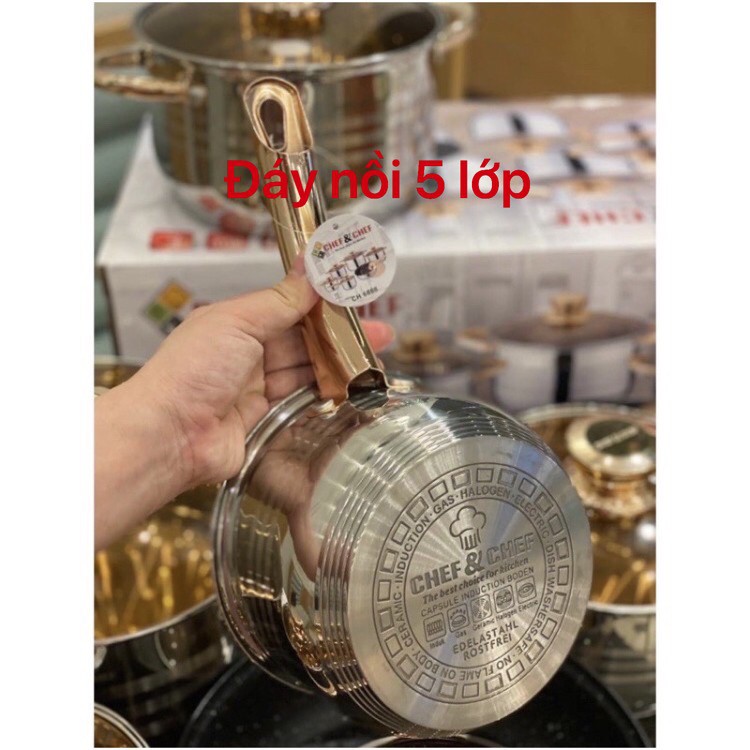 Bảo hành 12 tháng Bộ nồi inox 6 món bếp từ, 5 đáy, chống dính công nghệ Đức - CHEF&amp;CHEF [Nội địa Trung]