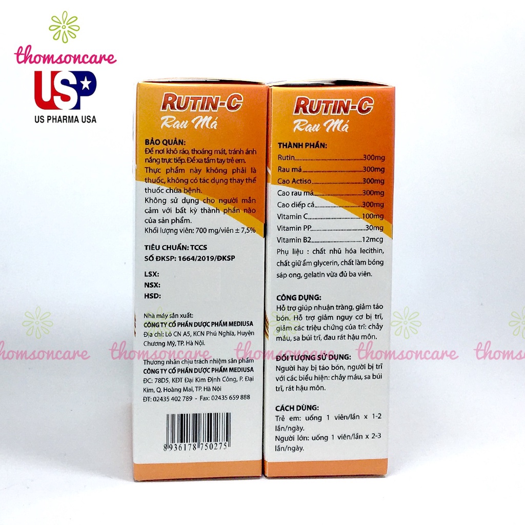 Rutin C rau má hỗ trợ nhuận tràng, giảm táo bón, trĩ Hộp 30 viên, bổ sung thêm cao diếp cá, actiso