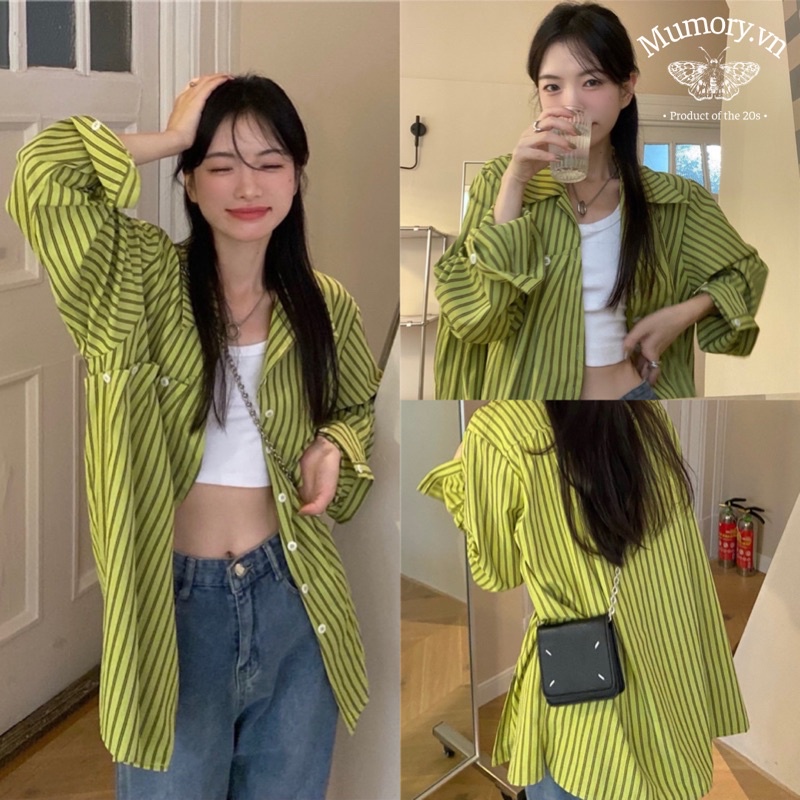Áo somi màu xanh lá chuối pastel kẻ sọc tay dài dáng thụng oversize hàng cúc chéo phá cách hàn quốc ngầu sơ mi vintage