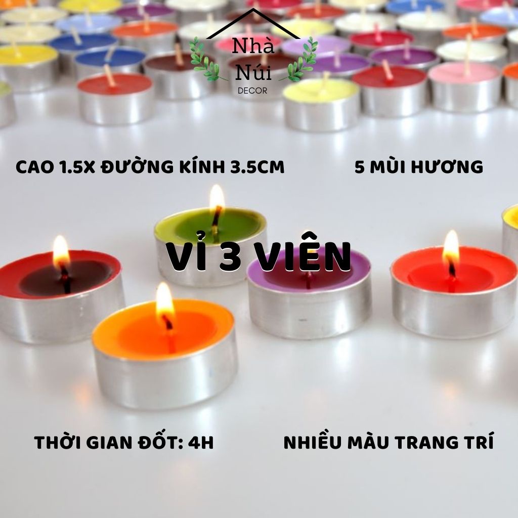 Nến thơm phòng Tealight mini, bật-mồi-lửa phụ kiện nến thơm, đốt đèn xông tinh dầu, ấm trà, vỉ 3 viên, nhiều mùi hương