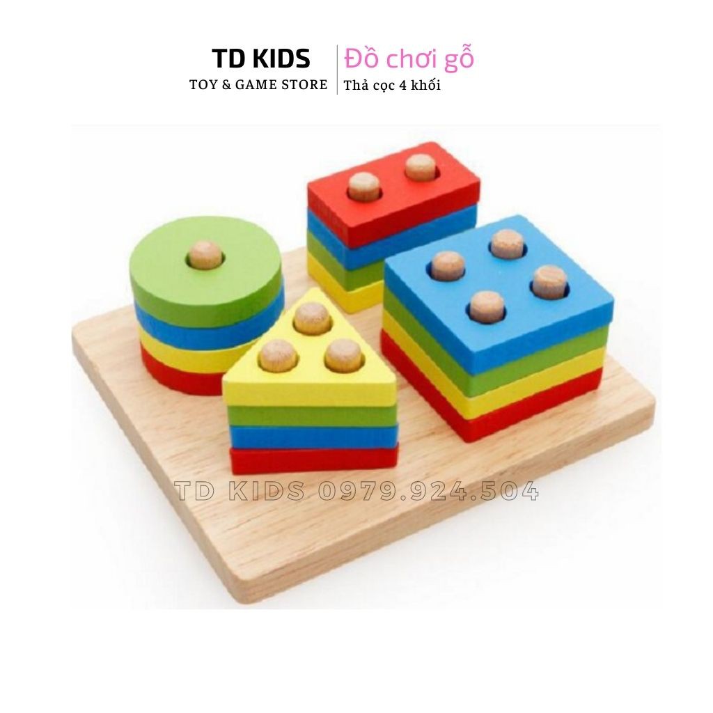 Bộ xếp hình thả khối 4 cọc trụ bằng gỗ - đồ chơi gỗ, nhiều màu, an toàn cho bé