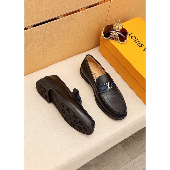 Giày tây lười nam da thật nhập khẩu logo thương hiệu Louis Vuitton LV cao cấp