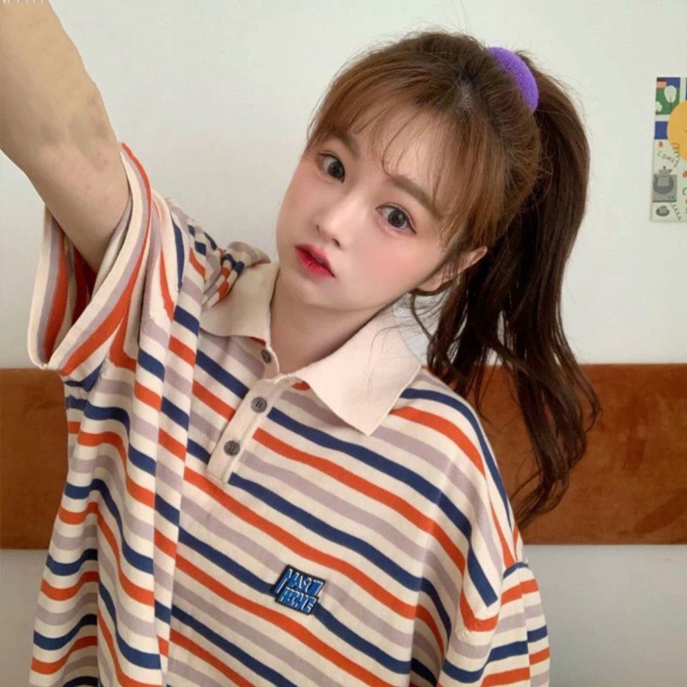 Áo Phông Polo Kẻ Sọc Hồng Unisex 🦋 Áo Thun Cổ Bẻ Tay Lỡ Dáng Rộng