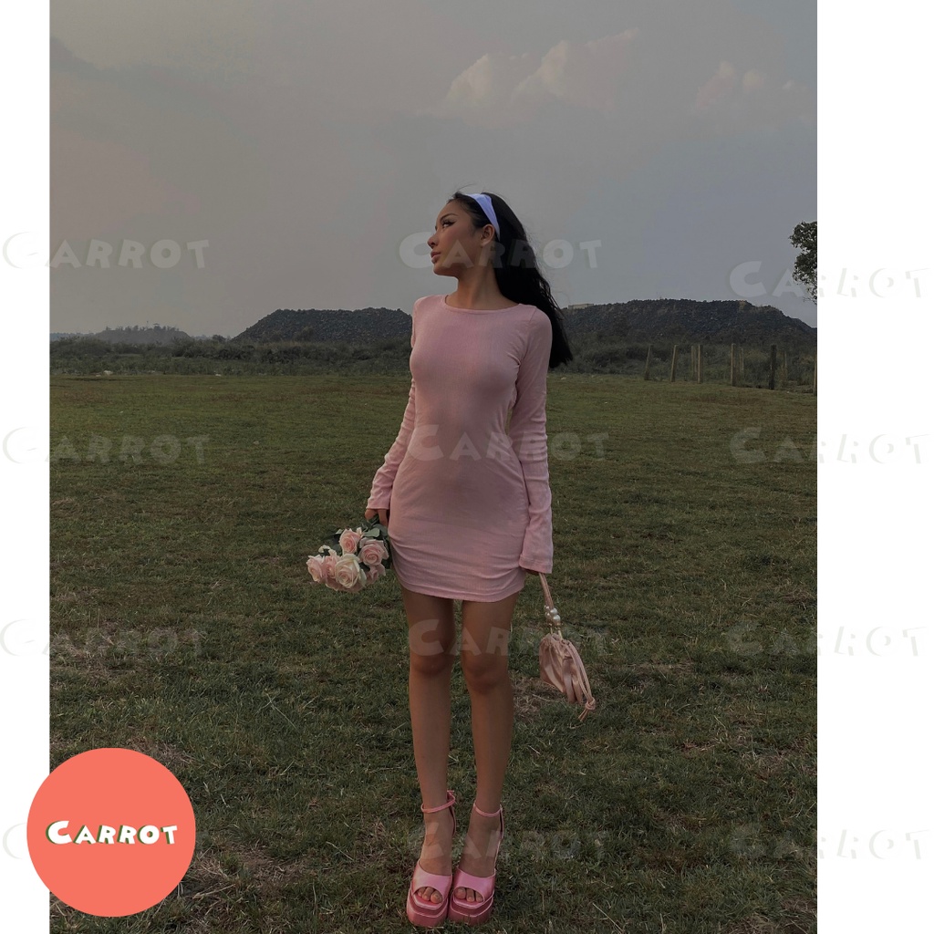 Đầm body hở lưng sexy váy ôm hồng sang chảnh cá tính khoét lưng tay dài thun co giãn tốt đi chơi carrotxinhdep