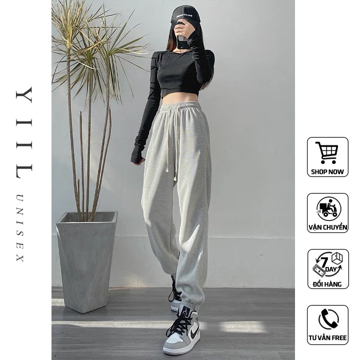 Quần jogger nữ cotton trơn ống rộng cao cấp bo gấu có dây rút phong cách Hàn Quốc trẻ trung