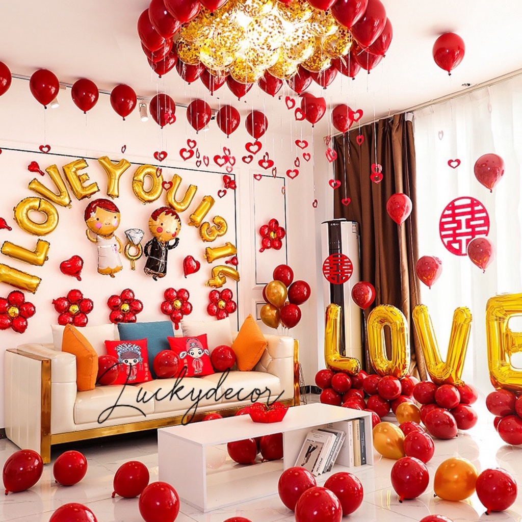 (RẺ VÔ ĐỊCH) Set bóng bay trang trí phòng cưới, tân hôn tông màu đỏ đậm Hot 2022 NN900