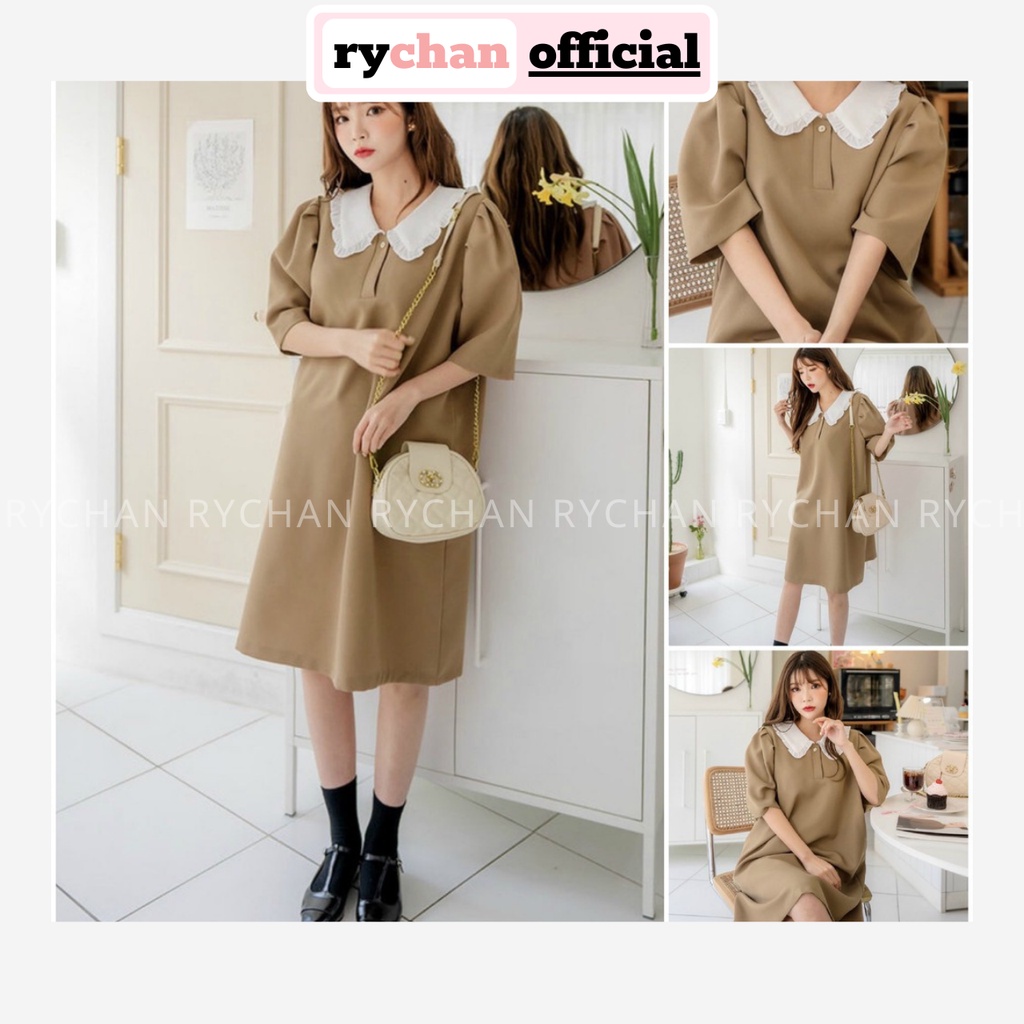 Đầm Suông Nude Cổ Trắng Tay Lở - DS020