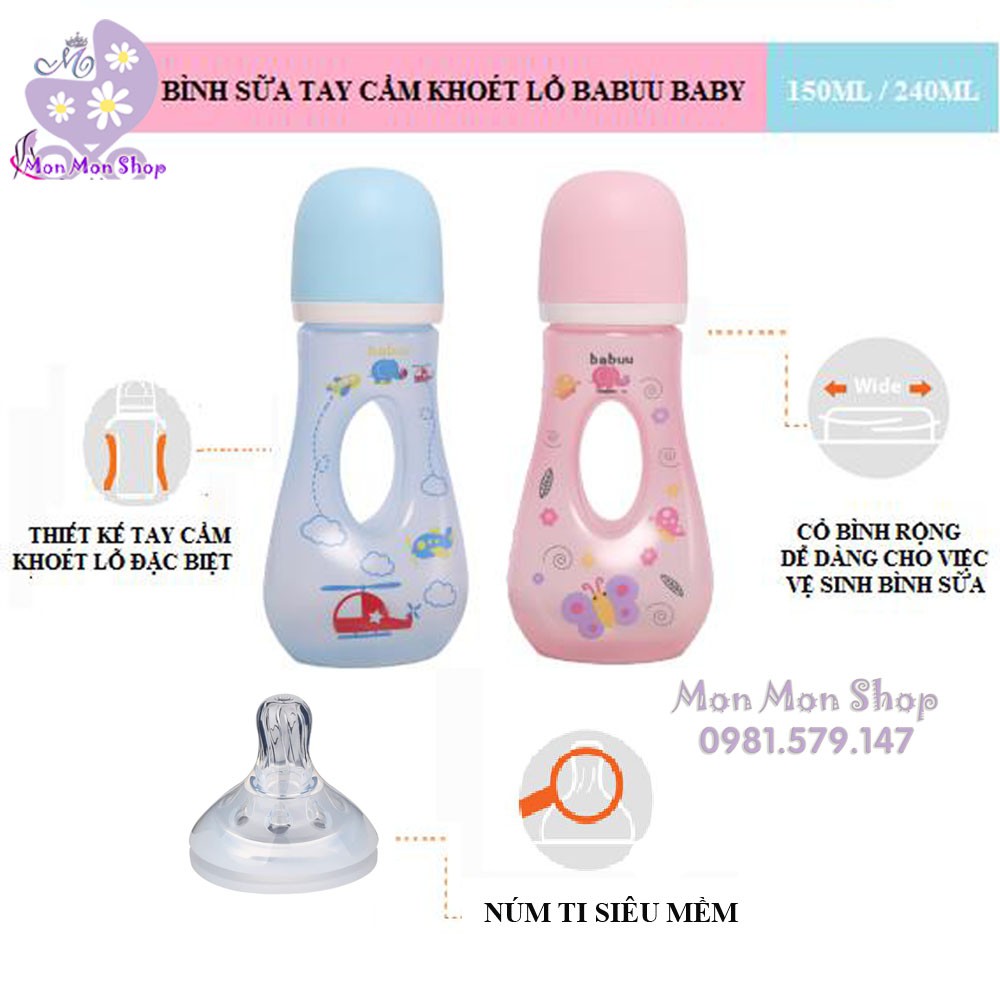 Bình sữa Nhật Bản Babuu Baby khoét lỗ dễ cầm nắm cho bé 50ml/240ml