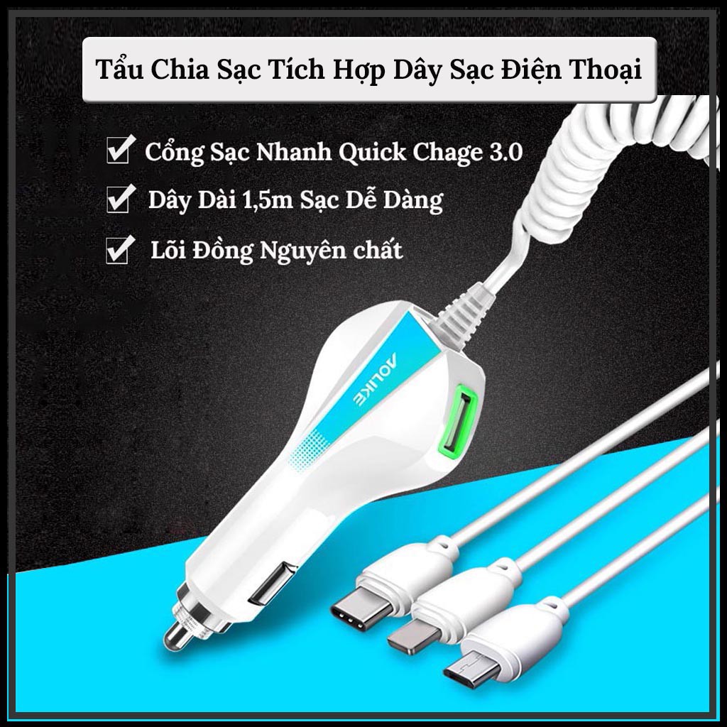 Bộ Chia Tẩu Sạc Ô Tô - Tích Hợp Dây Sạc Điện Thoại, Có Cổng Sạc Nhanh QC3.0 Không Hại Máy VERSION3