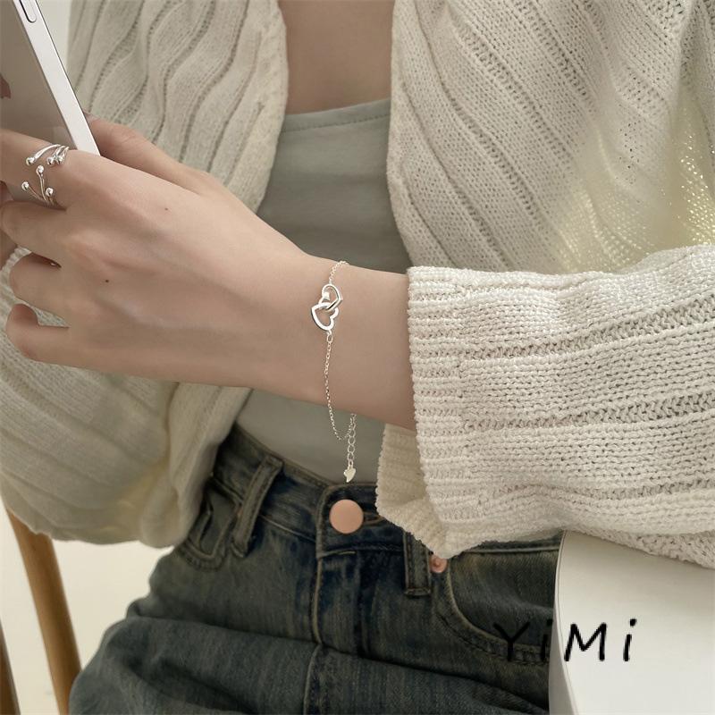 Vòng đeo tay mạ bạc mặt trái tim đôi thời trang dành cho nữ