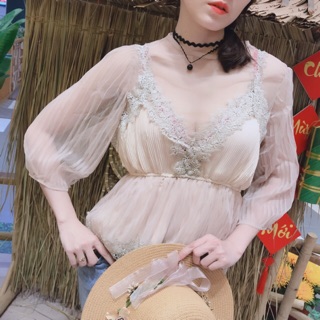 Áo kiểu tay lỡ phối ren hai lớp