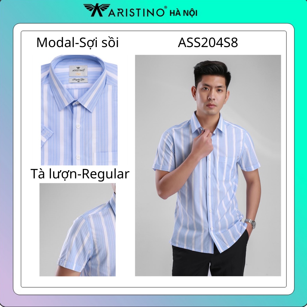 Áo sơ mi ngắn tay nam Aristino kẻ sọc xanh - có túi-regular ASS204S8