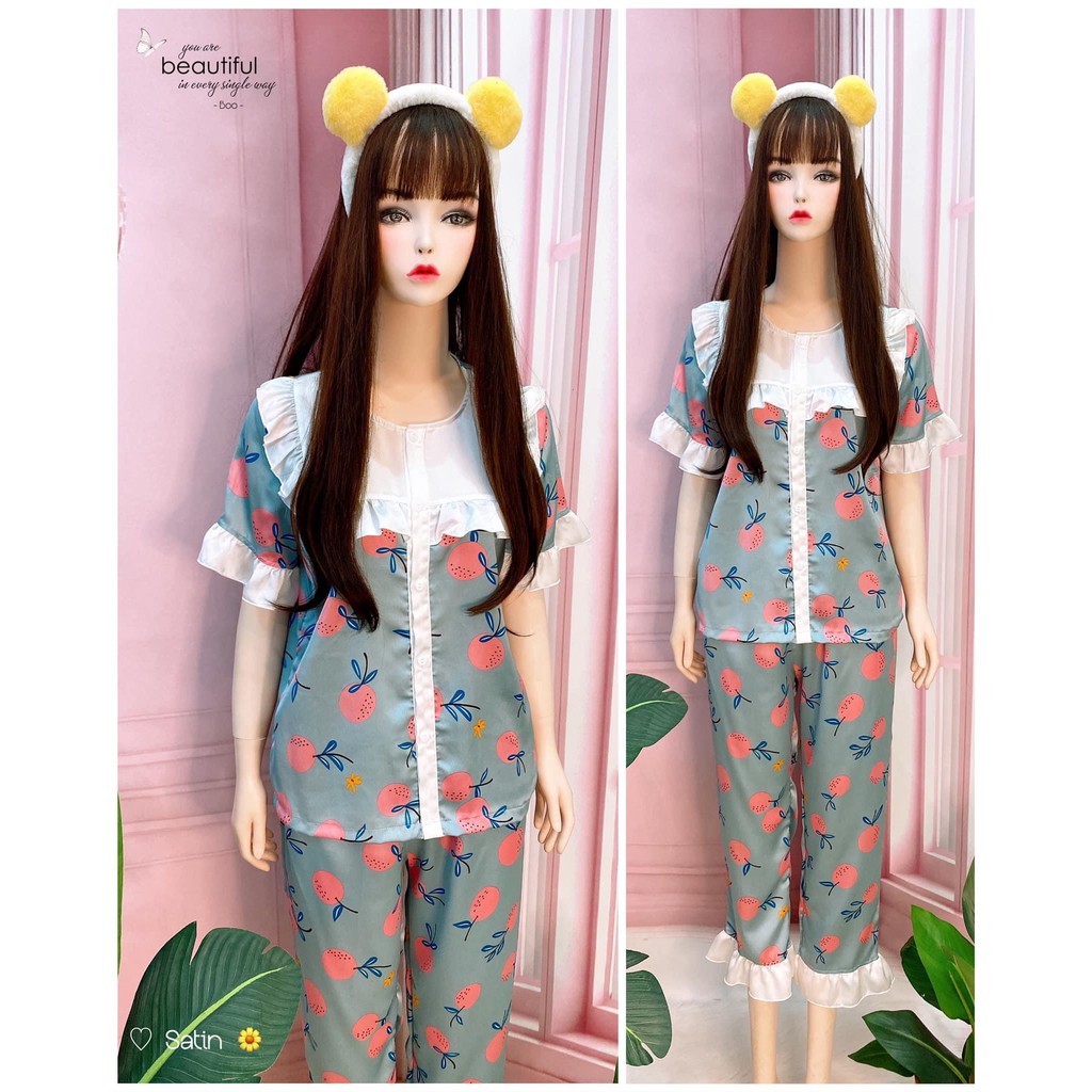Đồ pijama nữ lụa cao cấp đồ bộ lụa satin pyjama cổ bèo kẻ caro giá rẻ quần lửng trơn cute dễ thương  ESOP - LATIN01