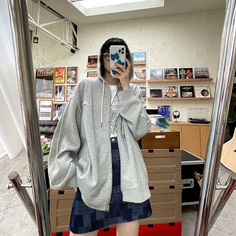 Áo khoác cardigan dáng rộng phối khóa kéo phong cách Hàn Quốc thời trang mùa thu mới