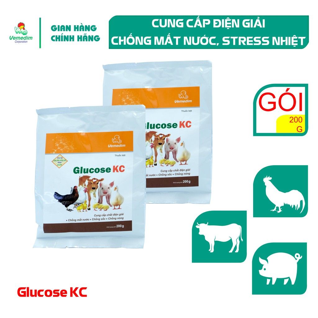 Vemedim Glucose KC Cung cấp điện giải, chống mất nước, chống stress nhiệt cho gia súc, gia cầm, gói 200g