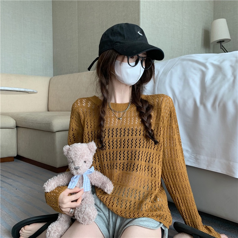 ZHELIHANGFEI Áo Dệt Kim Tay Dài Chống Nắng Dáng Rộng Phong Cách Preppy