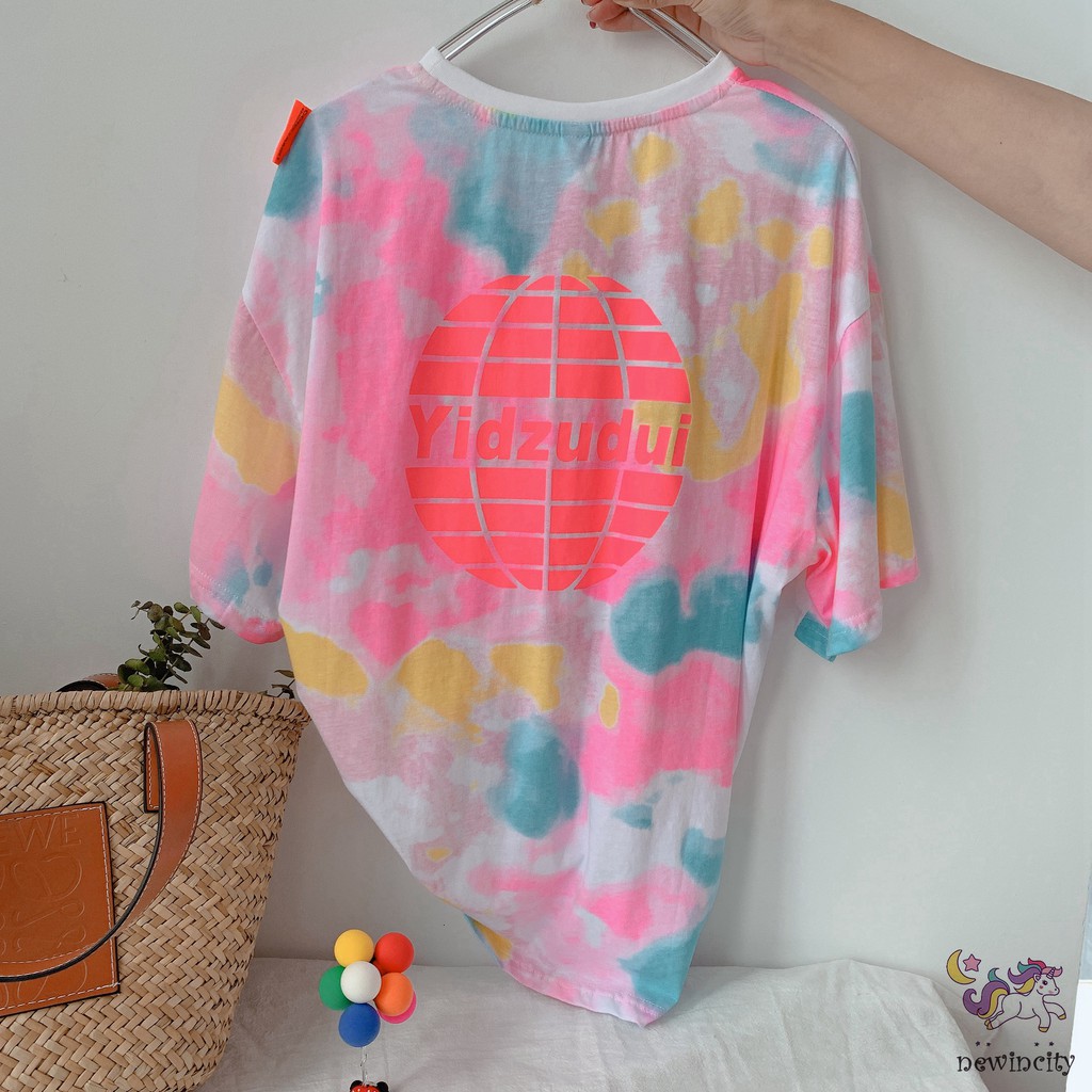 Áo Thun Tay Ngắn Họa Tiết Màu Nhuộm Phong Cách Hàn Quốc Cho Bé Gái