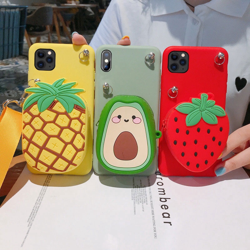 Ốp điện thoại mềm có dạng ví hình dâu / dứa / bơ iPhone 11 pro xr xs x max 6 6s 7 8 plus