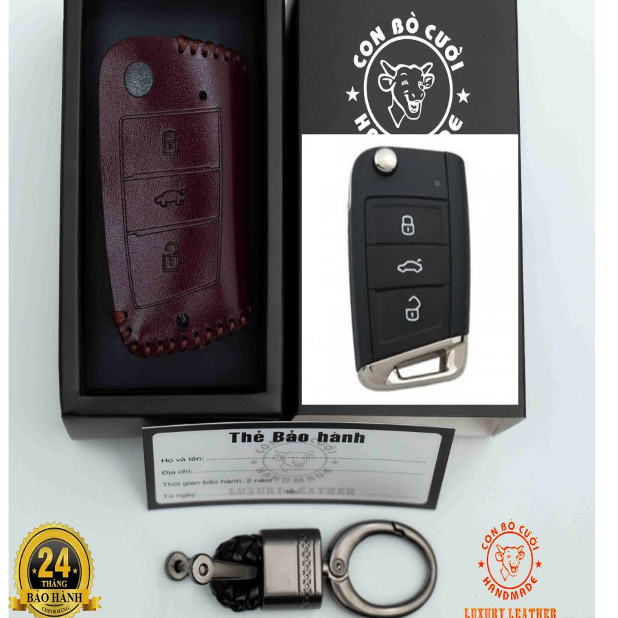 Bao da chìa khóa ô tô Volwagen da bò thật giá tận xưởng bảo hành 2 năm màu thật như ảnh khắc tên sđt chủ xe