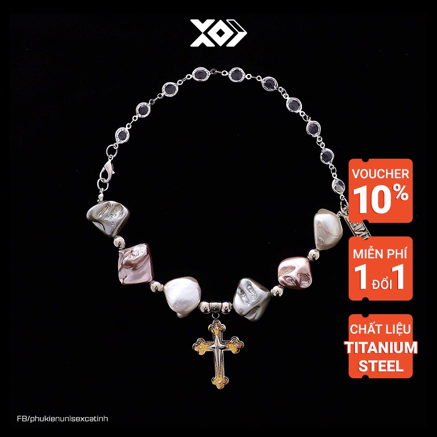 Dây Chuyền Ngọc Kết Hợp Mặt Chữ Thập Thép Titan Không Gỉ Cá Tính Hiphop - Vòng Cổ Thánh Giá Unisex Phong Cách Mới