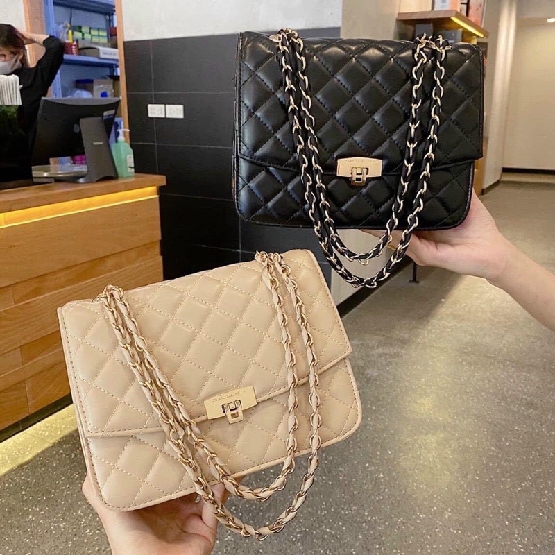 Túi xách nữ công sở CK ô trần trám cở lớn size 25cm khoá gập nhiều ngăn lót da túi đeo chéo đeo vai dây xích