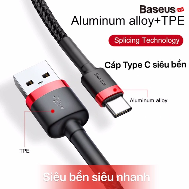 Cáp sạc Type C dài 1m 2m siêu bền bọc Kevlar Baseus cho Samsung