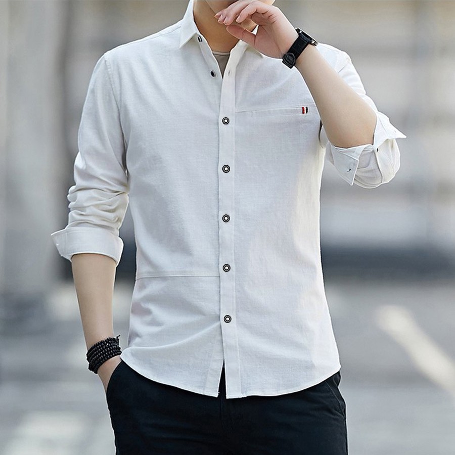 Áo Sơ Mi Nam Dài Tay Chất Đũi Xước Cổ Bẻ Cao Cấp Phong Cách Hàn Quốc màu TRẮNG