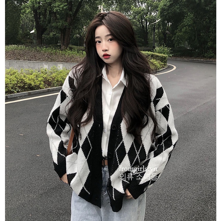 Áo len cardigan kẻ trám có túi hai bên dài tay, áo khoác len mỏng cardigan họa tiết trám ulzzang Hàn Quốc - AL25
