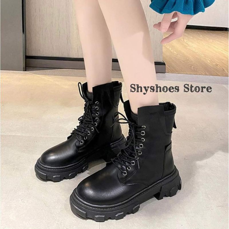 (Có Sẵn+Ảnh Thật) Giày Boot chiến binh đế đôn 5.5cm phối dây kéo sau | nhập mã NUMSSP freeship extra